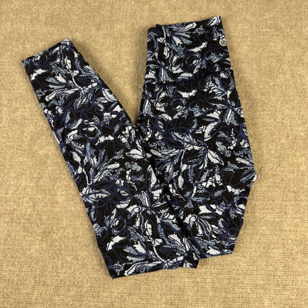 Lululemon Wunder Under Leggings Women 4 Black Blue Botanical High Rise 25 Inseam